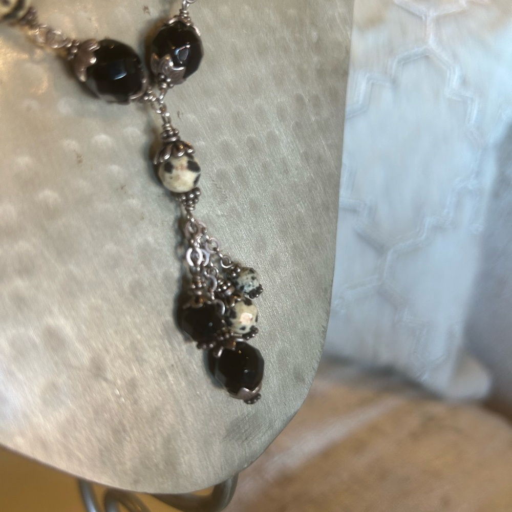French Onyx, Dalmatian Faceted Beads, 925 Sterling Silver Necklace & Earrings.